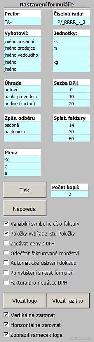 Excel Faktura - parametry