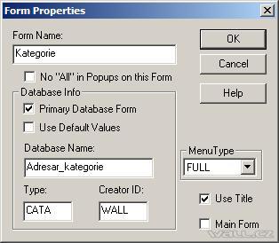 PDA Toolbox, vlastvosti formuláře Kategorie
