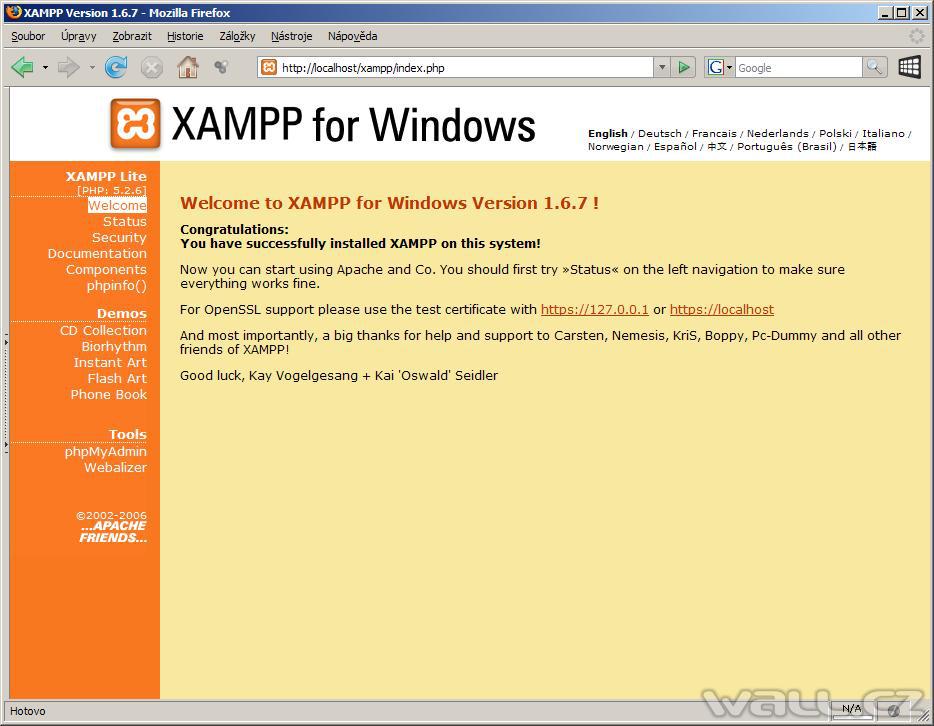 XAMPP - úvodní stránka programu.