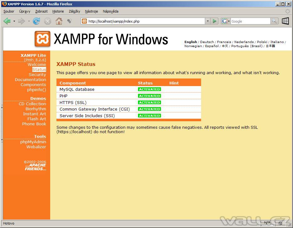 XAMPP - pohled na statusy komponent.